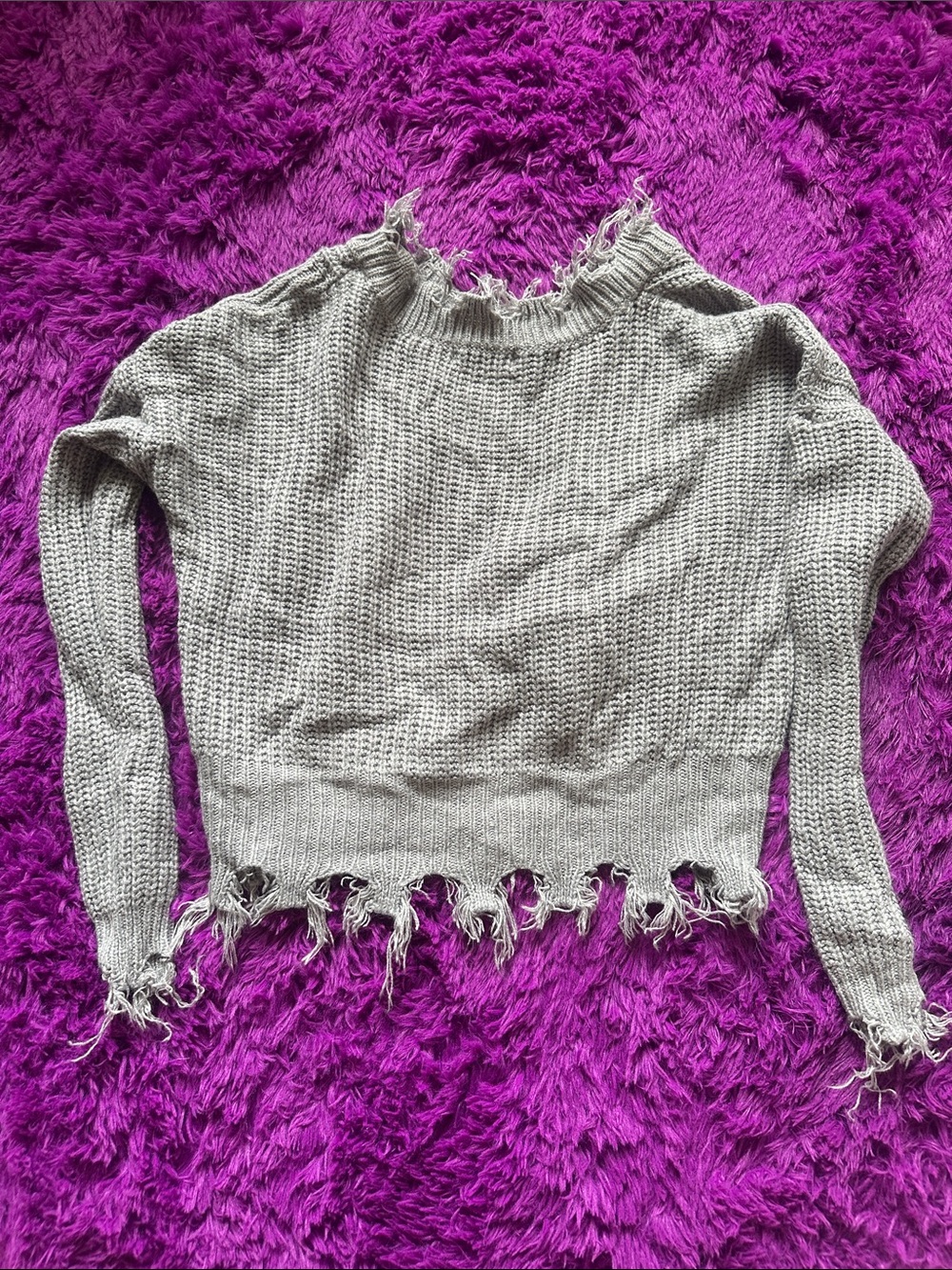Off-the-Shoulder Distressed Cable Knit Sweater - Light Gray - Picture 3 of 4